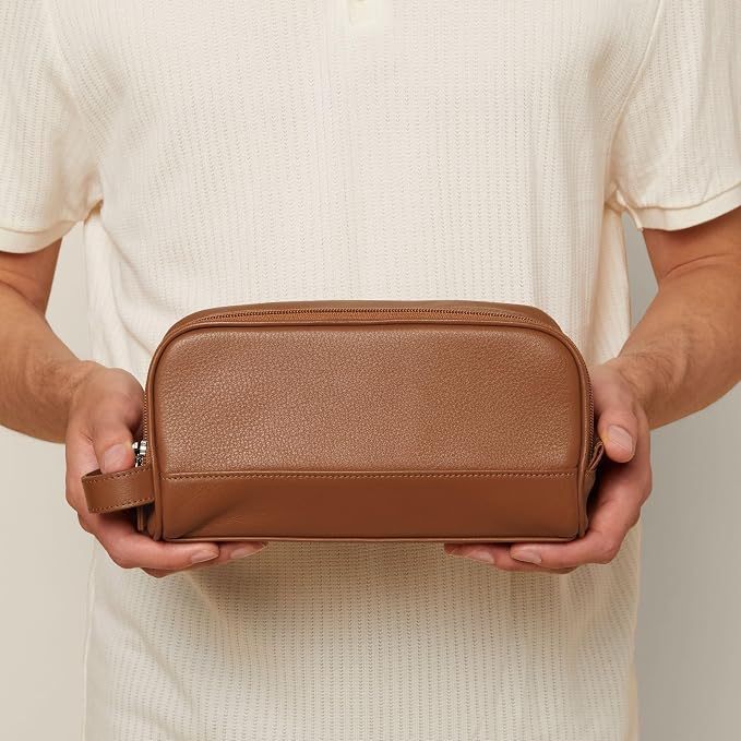 Leatherology Cognac Leather Toiletry Bag – Small Double Zip Dopp Kit – Full Grain Leather Travel Organizer with Water-Resistant Lining – Compact Grooming Bag for Men or Women - Image 2