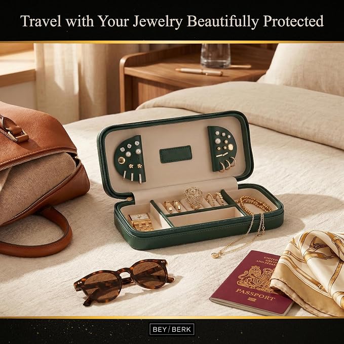 Bey-Berk Diamond-Quilted Leather Travel Jewelry Case, Green, 9" x 4" x 1.75" - Image 4