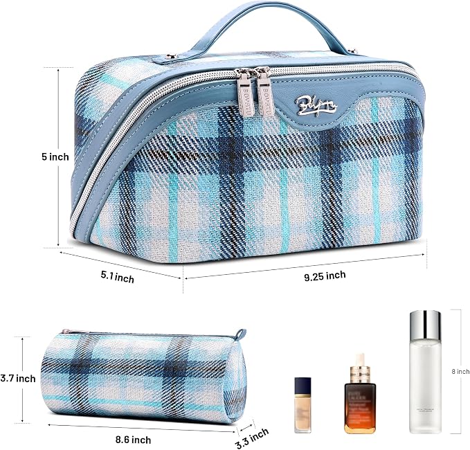 BOYATU Travel Makeup Bag for Women: Scottish Plaid 3 Pcs Set Cosmetic Organizer Bag - 180° Open Large Spacious Holds 50% More Cosmetics - Waterproof Leather Checkered Toiletry Bag (05-Blue) - Image 2