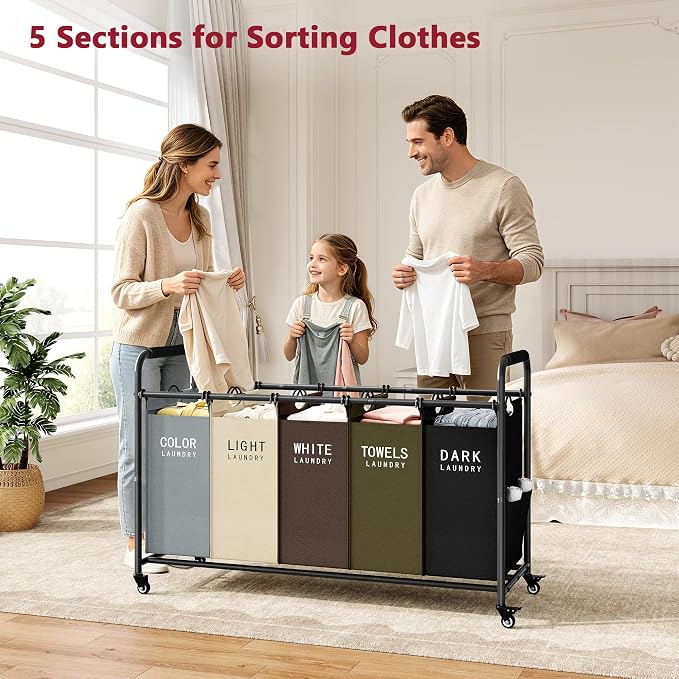 Tajsoon 5 Bag Laundry Sorter Cart, Laundry Hamper Sorter Basket with Heavy Duty Lockable Rolling Wheels for Clothes Storage, 5 Colors - Image 2