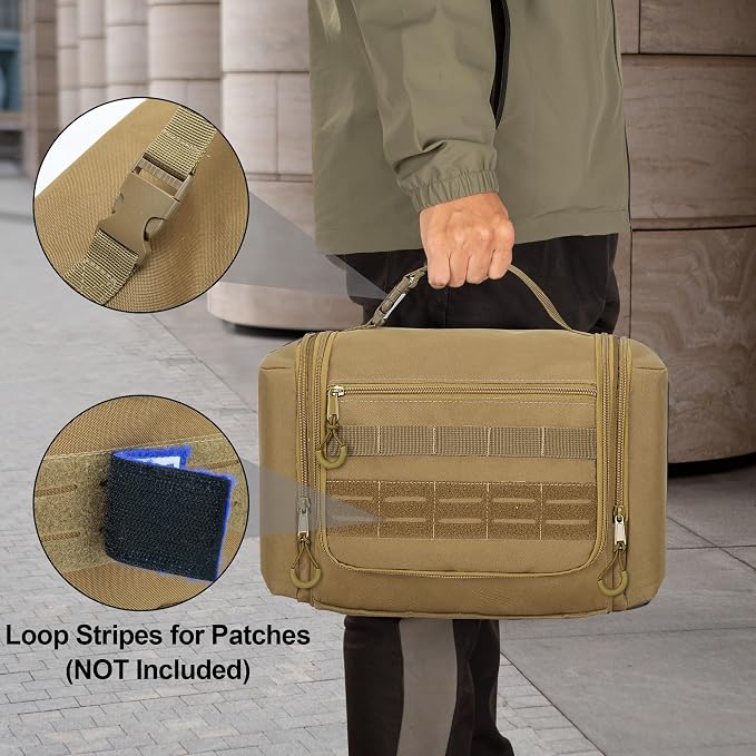 Tactical Toiletry Travel Bag for Men, Hanging Dopp Kit Hygiene Bag Shower Organizer with Hook for Toiletries and Shaving Care, Khaki (Empty Bag) - Image 6