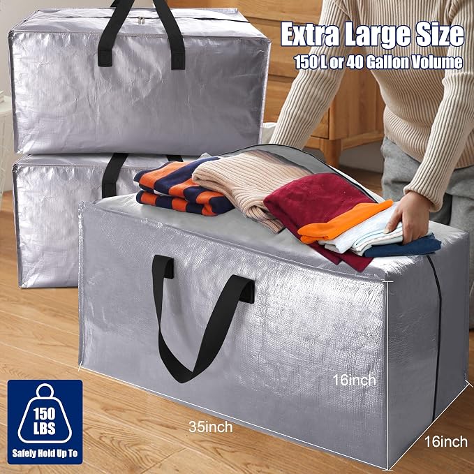 Cosy Family 8 Pack Heavy Duty Extra Large Moving Bags with Backpack Straps - Strong Handles & Zippers, Storage Totes For Space Saving, Fold Flat, Alternative to Moving Box (40 gal, Silver) - Image 6