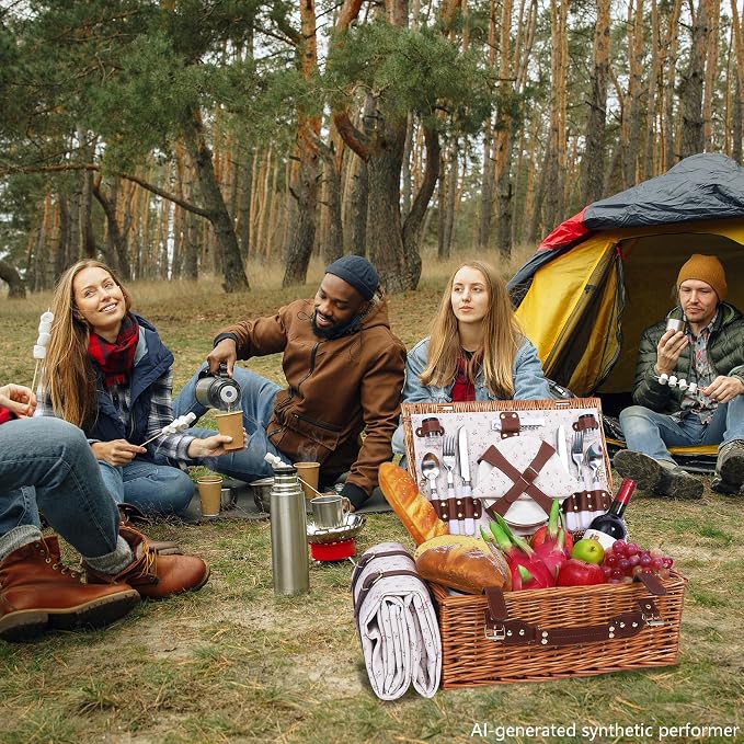Picnic Baskets Wicker Willow Picnic Set for 4 Persons with Insulated Cooler Bag and White Floral Waterproof Picnic Blanket Gift for Christmas Thanksgiving Wedding Birthday Camp Outdoor Beach Travel - Image 8