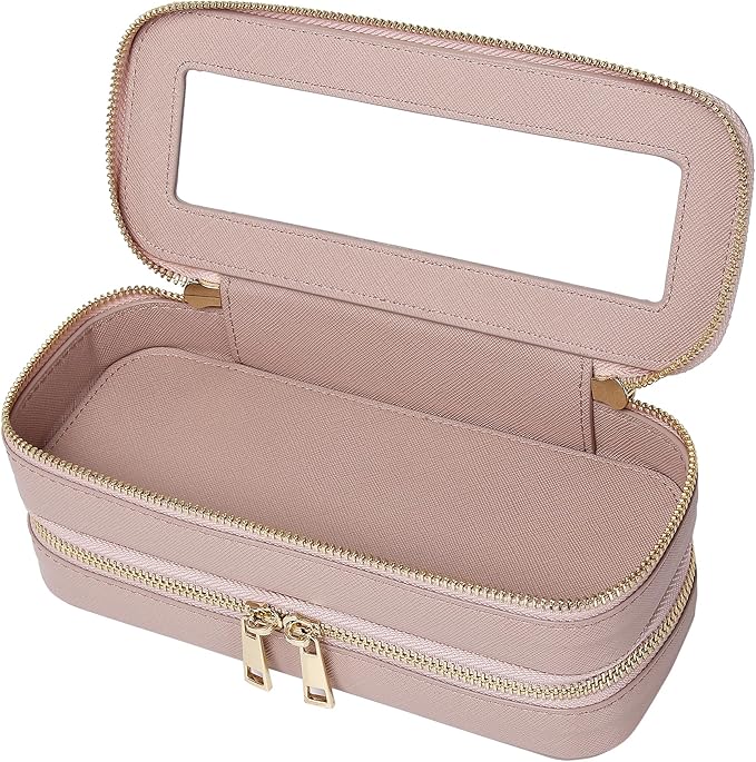 Double Layer Makeup Bag Makeup Brush Case Waterproof Travel Cosmetic & Toiletry Bag Purse Organizer and Car Essentials for Women (Pink 2-Layer SLIM) by LOFOWN