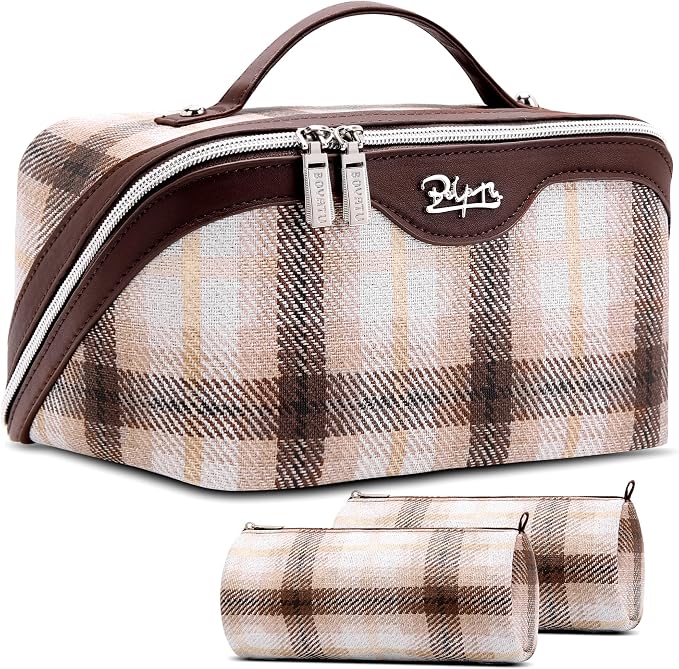 BOYATU Travel Makeup Bag for Women: Scottish Plaid 3 Pcs Set Cosmetic Organizer Bag - 180° Open Large Spacious Holds 50% More Cosmetics - Waterproof Leather Checkered Toiletry Bag (02-Coffee) by BOYATU