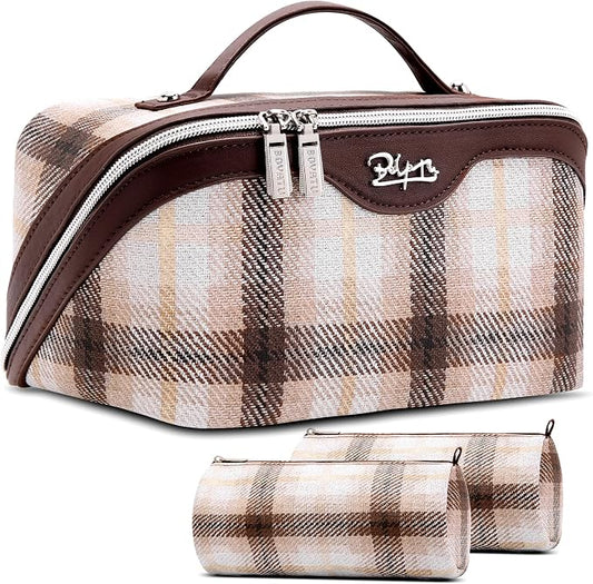 BOYATU Travel Makeup Bag for Women: Scottish Plaid 3 Pcs Set Cosmetic Organizer Bag - 180° Open Large Spacious Holds 50% More Cosmetics - Waterproof Leather Checkered Toiletry Bag (02-Coffee) by BOYATU