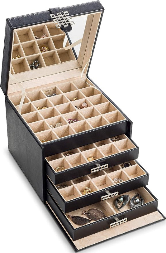 Glenor Co Earring Organizer Holder - 75 Small & 4 Large Slots Classic Jewelry Box with Drawer & Modern Closure, Mirror, 4 Trays Earrings, Ring or Chain Storage - PU Leather Case - Black by GlenorCo