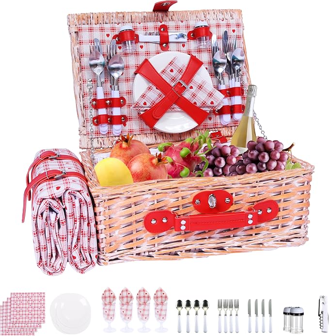 Picnic Basket Set for 4 with Waterproof Blanket Mat Insulation Bag Wicker Floral Pink Red Love Plaid Cute Kawaii Gift for Wedding Birthday Summer Camp Outdoor Camping Beach Travel Christmas by YPshuye
