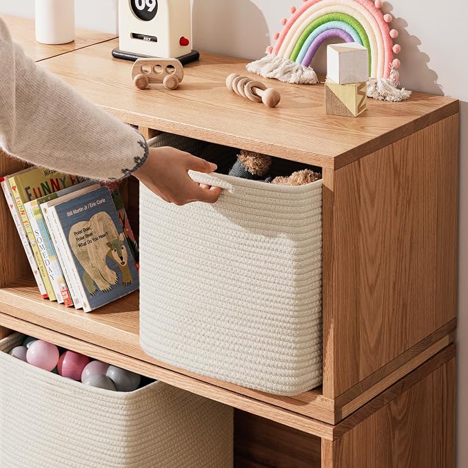 joybest 13x13x13 Inch Cube Storage Bins Set of 4, Cotton Rope Woven Organizer Basket for Shelves, Cube Bin Square Shelves Organizer Closet Storage, Nursery, Toy Organization, Beige - Image 4