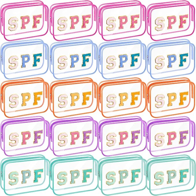 Kacctyen 20 Pcs Clear SPF Makeup Bags Bulk 5 Colors Sunscreen Pouch Beach Pool Waterproof Toiletry Cosmetic Bags Set Preppy Chenille Letter Patch Zip Organizer Girls Summer Vacation Gifts Essentials by Kacctyen