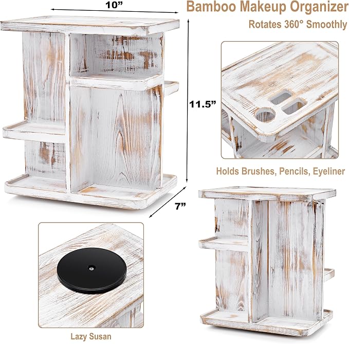 Sorbus 360° Makeup Organizer - Grey Rustic Wood Make Up Storage Carousel for Cosmetics, Skin Care Rotating Makeup Organizer for Vanity, Bathroom Storage - Image 3