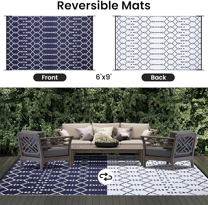 Smiry Outdoor Rug 6x9 ft, Waterproof Reversible Plastic Straw Rugs, Boho Outdoor Area Rug, Outside Floor Mat for Patio, Backyard, Deck, Picnic, Beach, Camping, Navy - Image 3