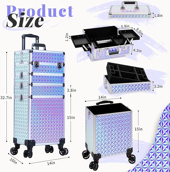 AROUS 5 in 1 Rolling Makeup Train Case with Lid Cosmetology Case on Wheels | Large Cosmetic Trolley Organizer with Keys Salon Barber Case Traveling Cart Trunk for Artist Hairstylists Nail Tech, Silver - Image 2