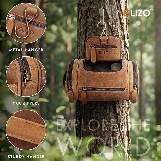 ELIZO Real Leather Toiletry Bag for Men - Small Hanging Travel Organizer for Toiletries, Ideal for Dopp Kit & Shaving Kit for Men, Essential Mens Travel Toiletry Bag for Toiletries (Saddle) - Image 3