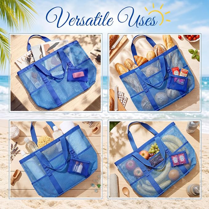Hillban Large Mesh Beach Bag Bulk for Women Waterproof Sandproof Pool Tote Bag with 8 Pocket Small Zipper Pouch with Ring - Image 6