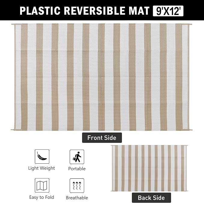 PureCozy Outdoor Waterproof Patio Rug 9x12 Plastic Straw Reversible Lightweight Outside Beige Striped Large Carpet Outdoor for Camping RV Porch Deck Balcony Beach - Image 6