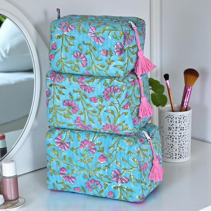 Quilted Floral Block Print Makeup Bag Set of 3 – Cotton Travel Toiletry and Makeup Organizer, Cosmetic Pouch, Toiletry Bag for Women, Cute Boho Coquette Make Up Bags for Women (Small, Medium, Large) - Image 5
