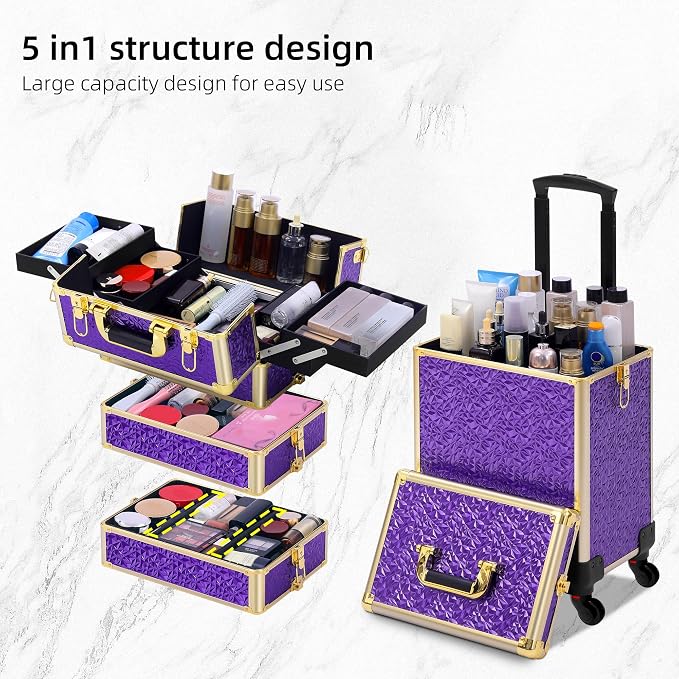 Somduy Rolling Makeup Case, Makeup Train Case with Lid, 5 in 1 Cosmetology Case on Wheels, Christmas Gift, Large Makeup Organizers, Profesional Cosmetic Case for Salon Barber, Purple Gold - Image 5