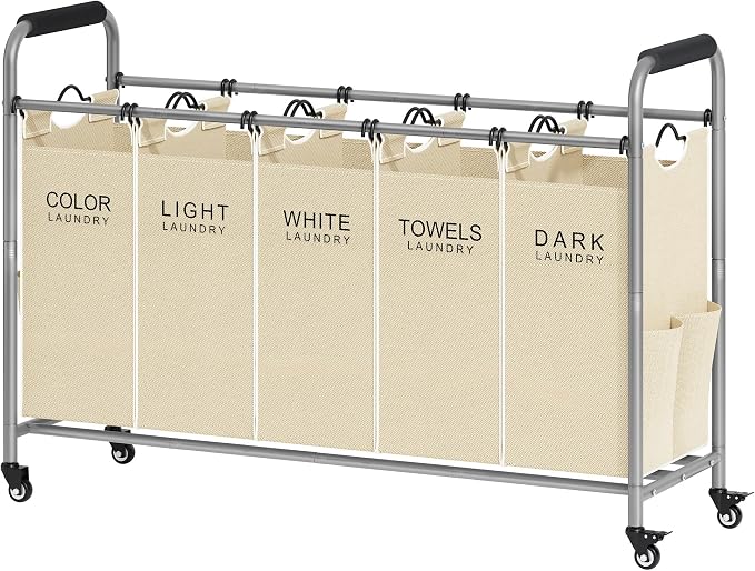 Tajsoon Laundry Sorter 5 Section, Clothes Hamper with Wheels, Beige | 246L Rolling Laundry Sorter Basket for Dirty Clothes Storage, Laundry Separator Hamper for Bathroom, Laundry Room, Family by Tajsoon