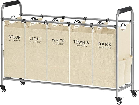 Tajsoon Laundry Sorter 5 Section, Clothes Hamper with Wheels, Beige | 246L Rolling Laundry Sorter Basket for Dirty Clothes Storage, Laundry Separator Hamper for Bathroom, Laundry Room, Family by Tajsoon