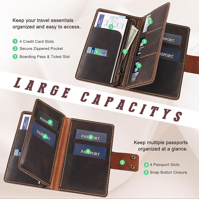 Handmade Genuine Leather Family Passport Holder | Travel Document Organizer Holds 4 Passports | Vintage Wristlet Wallet with Credit Card Slots (D.Brown) - Image 3