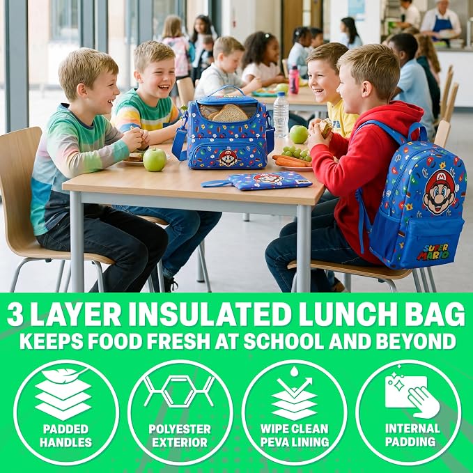Get Trend Super Mario Boys Backpack, Lunch Bag & Pencil Case, 3 Piece Set | 18in Bookbag, Adjustable Padded Straps, Lightweight Insulated Lunch Bag, Pencil Pouch, School Supplies, Gamer Gifts for Boys - Image 4