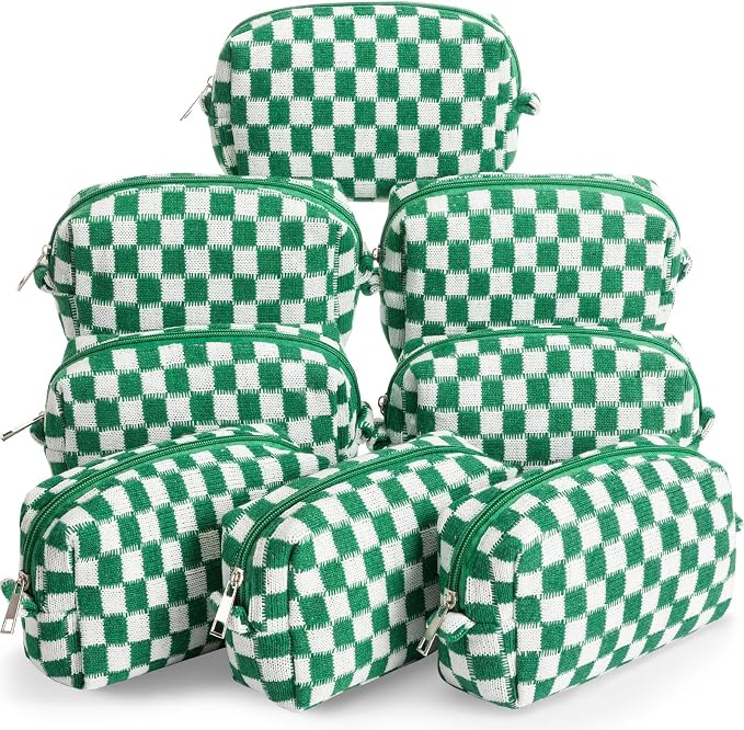 Gilprop 8 Pcs Checkered Makeup Bag for Purse Small Cosmetic Pouch Bulk Portable Zipper Makeup Pouch Travel Toiletry Organizer Gifts for Women Bridesmaid Wedding Party Favors (Dark Green) by Gilprop