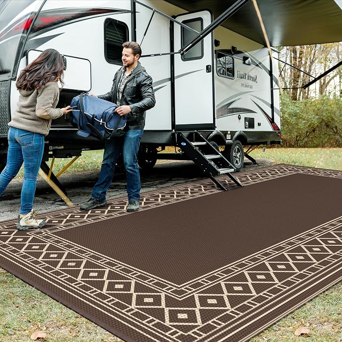 GENIMO Outdoor Rug, Waterproof Plastic Rugs 10'x20' for Camping Coffee Beige - Image 2