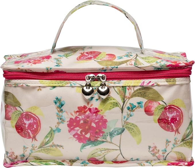 Jacaranda Living Vanity Cosmetic Bag – Structured Makeup Case with Handle, Water-Resistant PVC Lined Cotton, Travel Toiletry Organizer, Splash-Proof Vanity Bag – Pomegranate by JacarandaLiving