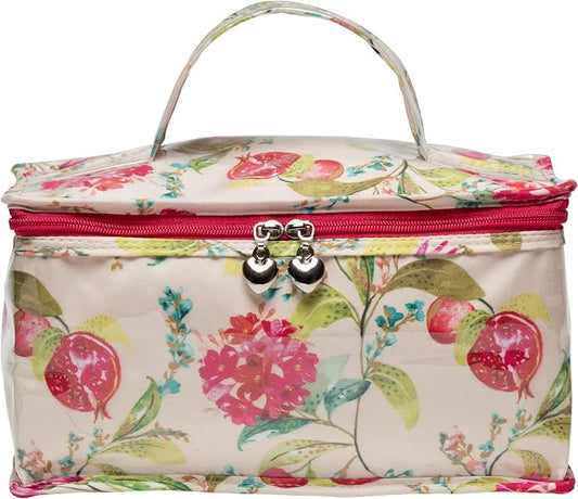 Jacaranda Living Vanity Cosmetic Bag – Structured Makeup Case with Handle, Water-Resistant PVC Lined Cotton, Travel Toiletry Organizer, Splash-Proof Vanity Bag – Pomegranate by JacarandaLiving