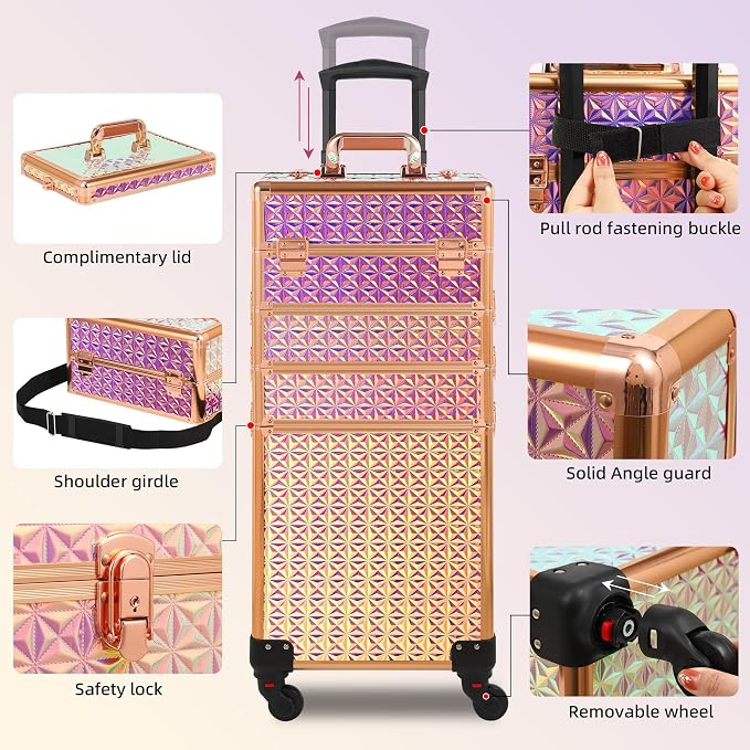 Somduy Rolling Makeup Case, Makeup Train Case with Lid, 5 in 1 Cosmetology Case on Wheels, Christmas Gift, Large Makeup Organizers, Profesional Cosmetic Case for Salon Barber, Bright Pink - Image 3