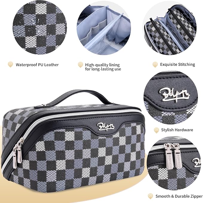 BOYATU Travel Makeup Bag Organizer Cosmetic Bag: 3 Pcs Set Make up Bags for Women with Handle - Waterproof Vegan Leather Toiletry Bag (01-H-Black) - Image 3