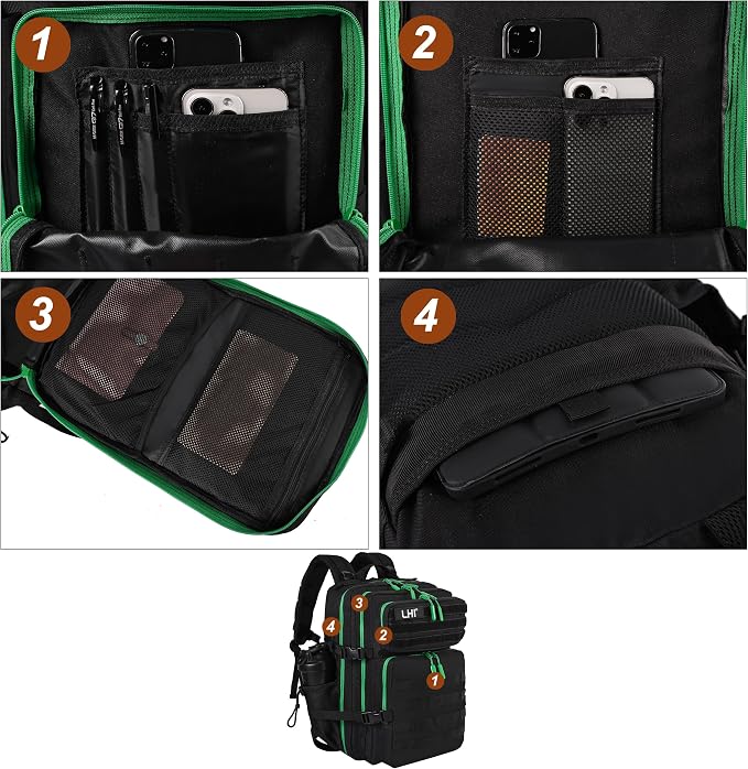 LHI Military Tactical Backpack for Men and Women 45L Army 3 Days Assault Pack Bag Large Rucksack with Molle System - Black with green zipper - Image 6