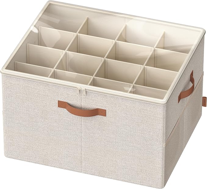 SONGMICS Shoe Organizer for Closet, Shoe Storage Bin, Fits 16 Pairs, Fabric Container with Handles and Clear Cover, Adjustable Dividers, Customizable, Cappuccino Beige ULSP555K01 by Unknown