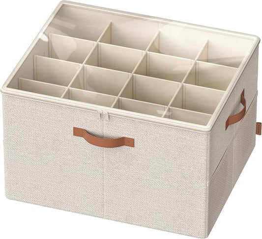 SONGMICS Shoe Organizer for Closet, Shoe Storage Bin, Fits 16 Pairs, Fabric Container with Handles and Clear Cover, Adjustable Dividers, Customizable, Cappuccino Beige ULSP555K01 by Unknown