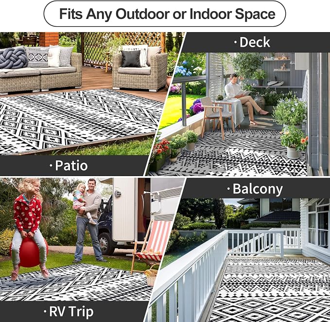 Waterproof Outdoor Rug 5x8ft, Bohemia Reversible Plastic Straw Mat for Patio RV Deck Porch Backyard Balcony Camping Picnic Beach Indoor Outdoor Carpet, Black&White - Image 4
