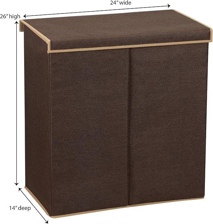 Household Essentials Collapsible Double Laundry Hamper with Lid, Two Compartments and Removable Liner Bags, Brown Finish - Image 5