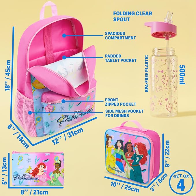 Get Trend Disney Princess Kids Backpack 4 Piece Set | 18 inch Bookbag, Insulated Lunch Bag, Zipped Pencil Case & BPA-Free Water Bottle for School & Travel, Gifts for Girls - Image 3