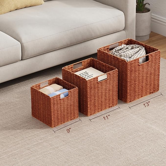 Vagusicc Wicker Storage Basket, Set of 2 Hand-Woven Paper Rope Wicker Basket, Foldable Cube Storage Bins, Square Large Storage Baskets for Organizing Shelves & Decor, Orange (13″×13″×13″) - Image 4
