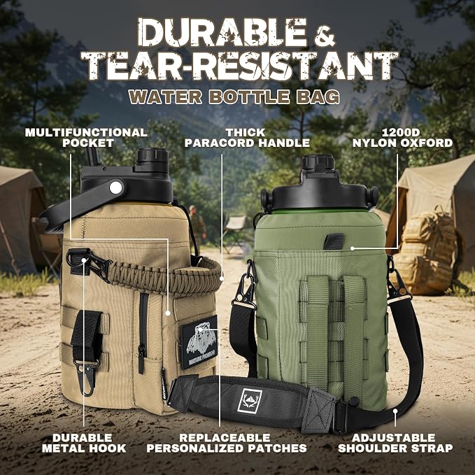 NATURE PIONEOR 128oz/1 Gallon Tactical Water Bottle with MOLLE Bottle Pouch | 18/8 Food-grade Stainless Steel, Double Vacuum Insulation, Wide-Mouth, Straw & Spout Lid, Strap, Camping, Hiking, Gym, Work - Image 3