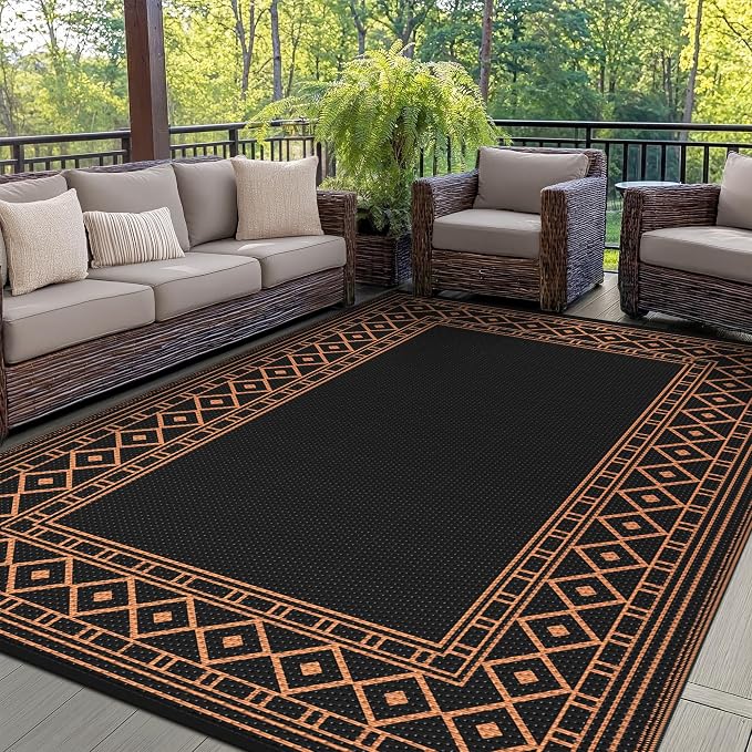 GENIMO Outdoor Rug, Waterproof Plastic Rugs for Patio, 6'x9' Blcak Orange | Outside Larger Modern Carpet Mat for Porch Decor, Deck, Balcony, Camping, RV, Backyard, Picnic, Beach, Reversible by GENIMO