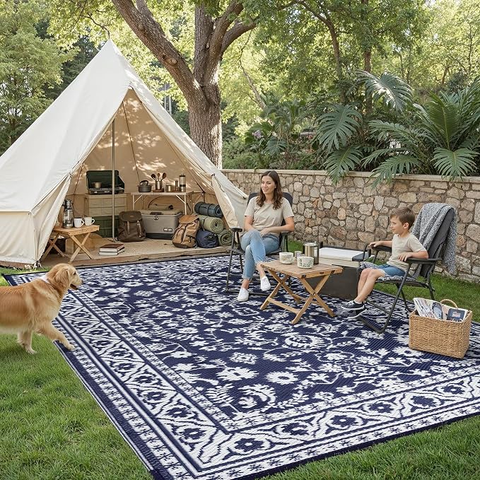 PureCozy Outdoor Waterproof 9x12 Plastic Straw Patio Rug Navy Blue Reversible for Outside Vintage Oriental Carpet Lightweight Large Rug for RV Deck Beach Balcony Picnic Backyard Entry Porch - Image 2