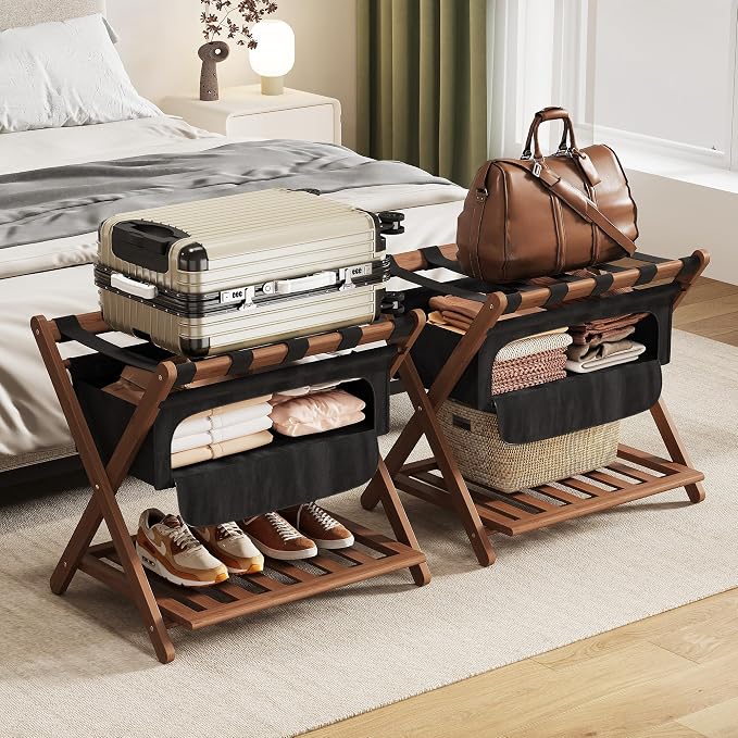Full Assembled 26.77" L Luggage Rack for Guest Room, Set of 2 Foldable Suitcase Stand with 5 Nylon Straps & Cloth Bag, Luggage Stand Holder with Shoe Shelf for Suitcases Hotel (Walnut Bamboo) by OakvoraComfortableStyle
