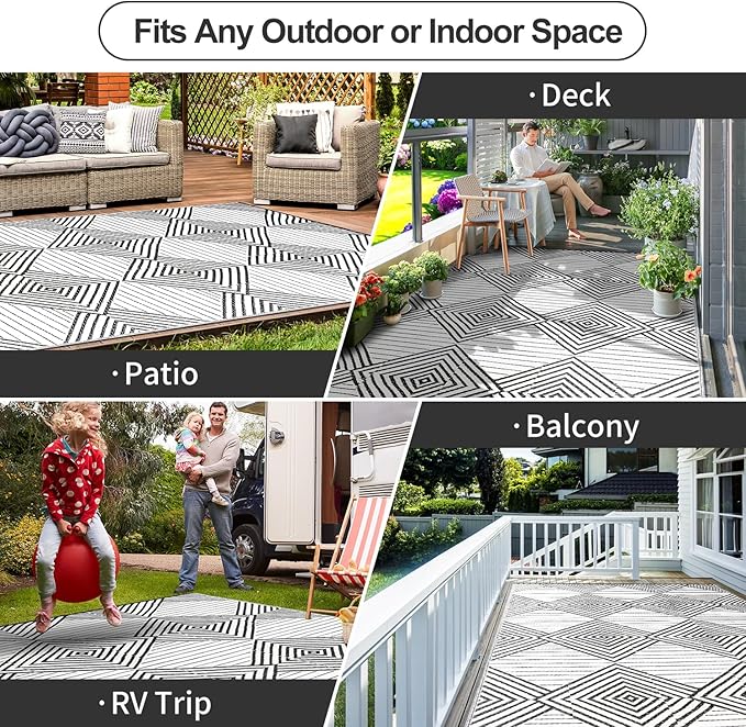 Waterproof Outdoor Rug 9x12ft, Foldable Reversible Plastic Straw Mat for Patio RV Deck Porch Backyard Balcony Camping Picnic Beach Indoor Outdoor Carpet, Black&White - Image 4