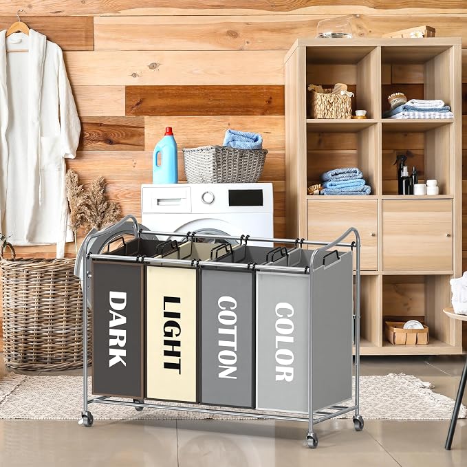 Simple Houseware 4-Bag Heavy Duty Laundry Sorter Rolling Cart, Assorted | Removable Bags and Lockable Wheels for Laundry Room Organization - Image 4