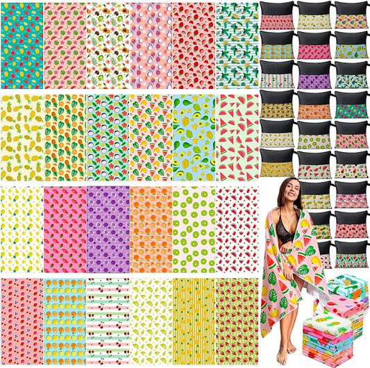 Peryiter 48 Pcs Microfiber Beach Towel with Bags Bulk, 24 Large Quick Dry Pool Towels and 24 Storage Bags, 30 x 60 Inch Fruit Blanket for Beach Swimming Summer Party Camping Travel Women by Peryiter