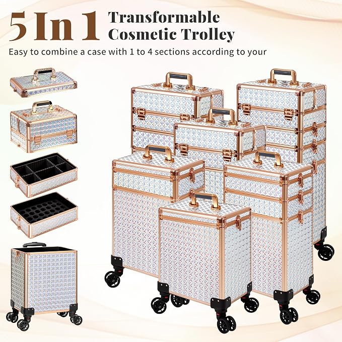 AROUS 5 in 1 Rolling Makeup Train Case with Lid Cosmetology Case on Wheels | Large Cosmetic Trolley Organizer with Keys Salon Barber Case Traveling Cart Trunk for Artist Hairstylists Nail Tech,White - Image 2
