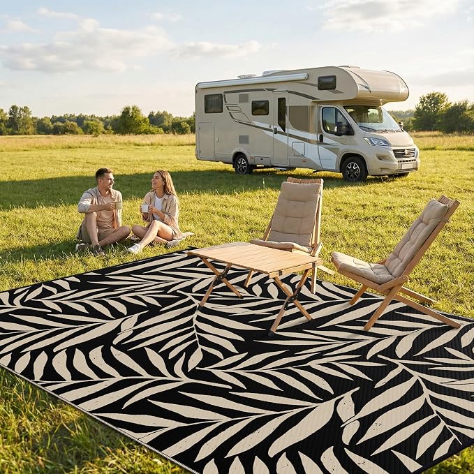 Smiry Outdoor Rug 6x9 ft, Waterproof Reversible Plastic Straw Rugs, Outdoor Area Rug with Leaf Pattern, Outside Floor Mat for Patio, Backyard, Deck, Picnic, Beach, Camping, Black & Beige - Image 2