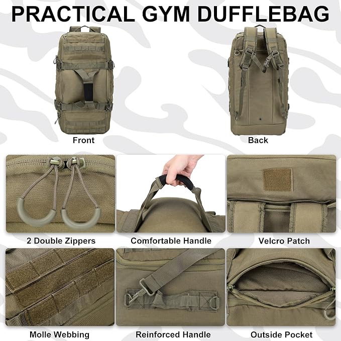 3-in-1 Tactical Gym Duffel Backpack, Travel Sports Bag for Overnight | Works as a range bag or motorcycle backpack, ideal for gym, travel, camping, hunting, and gear organization - Image 2