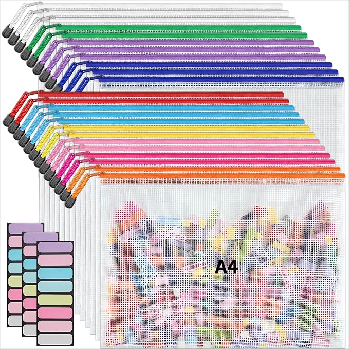 JARLINK A4 Letter Size 24 Pack 10 Colors Zipper Mesh Document Pouch, Mesh Bags for Board Games & Puzzles, Waterproof Document Zipper Pouches for Office School Supplies, Toys, Cosmetics Travel Storage by JARLINK